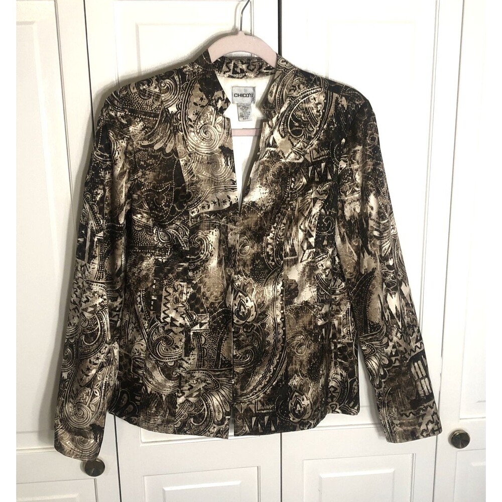 Chico's Blazer Cotton Silk Paisley Print Mandarin Hook and Eye Jacket Brown S